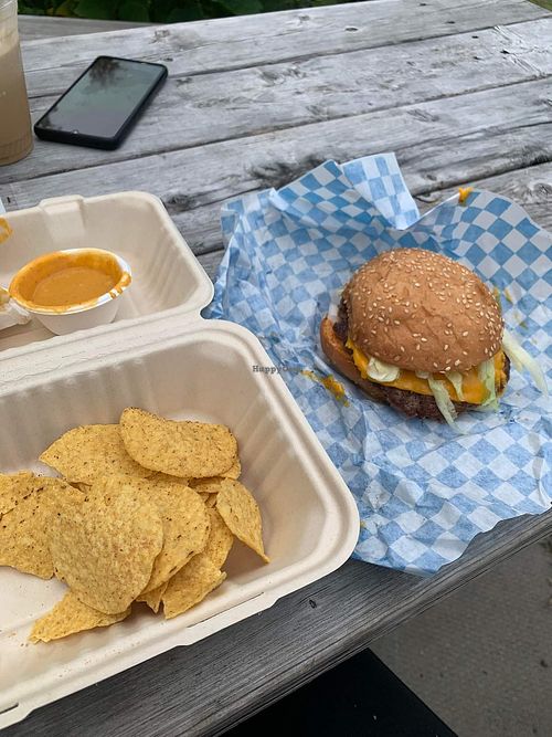 Vegan Smash Burger with Chips and Vegan Queso at Lemon Dogs in Halifax