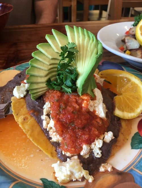 For a vegan version of Huevos Rancheros: ask for Tofu instead of eggs and no cheese! Also, don't expect this presentation. They never did this pretty avocado thing again lol. I got at Savoy Cafe and Deli in Santa Barbara