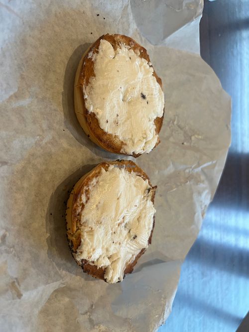 Vegan cream cheese on a bagel  at Coffeetopia in Santa Cruz