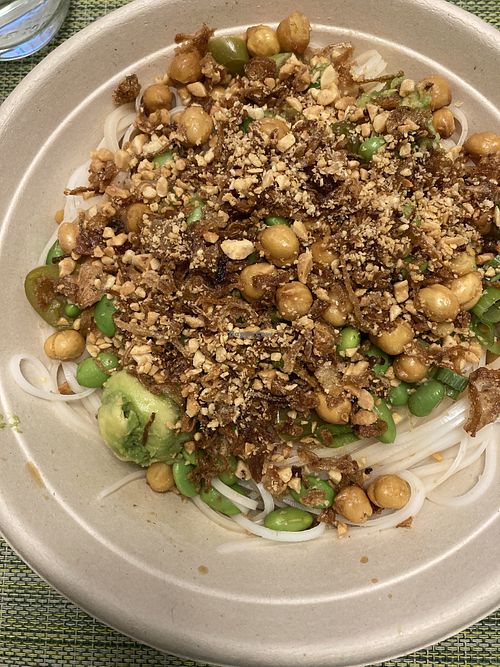 Make your own bowl with chickpeas, peanuts, edamame, jalapeños, and onion on rice noodles  at Aloha in Bar Harbor