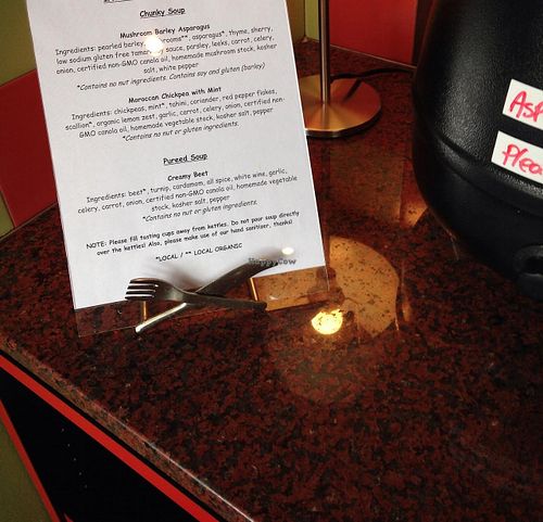 Tasting bar with ingredients list at Soupergirl - Takoma in Washington