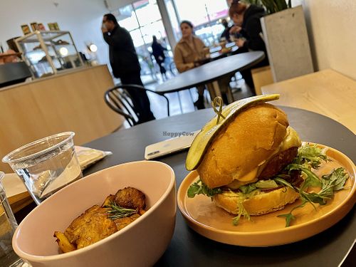 Burger with potatoes at Pinkavo Cafe in Langley
