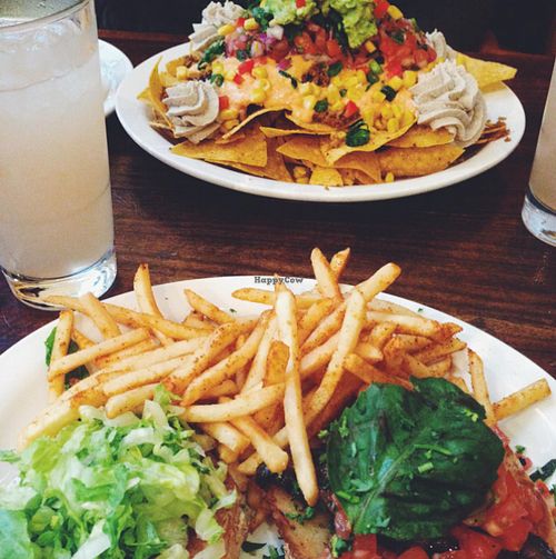Nachos, portobello & sausage burger, and lavender lemonade! at Native Foods in Tigard