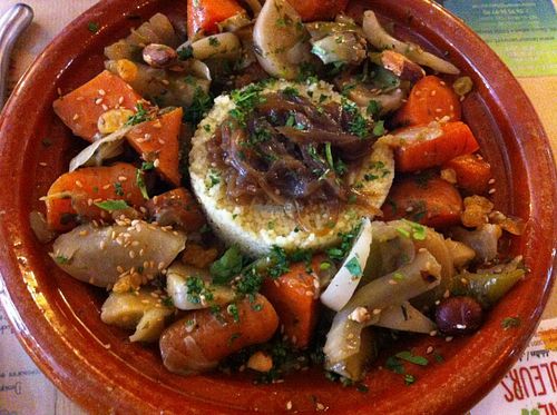 Vegetables tajine with almonds, sweet onions, semolina. vegan and delicious ! at Mariposas in Marseille