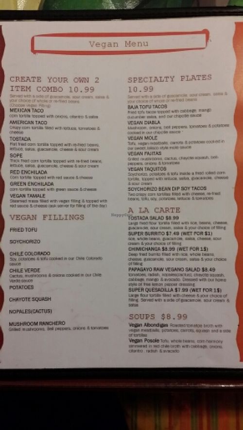 El Papagayo Vegan Menu 1/14/16 at El Papagayo in Carmichael