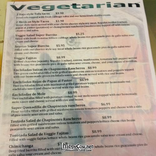 veggie menu at El Papagayo in Carmichael