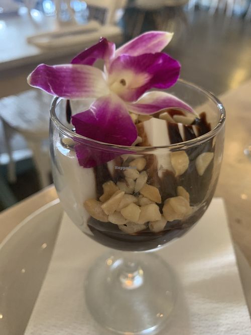 Coconut pudding with chocolate syrup   at Kau Kau in Sacramento