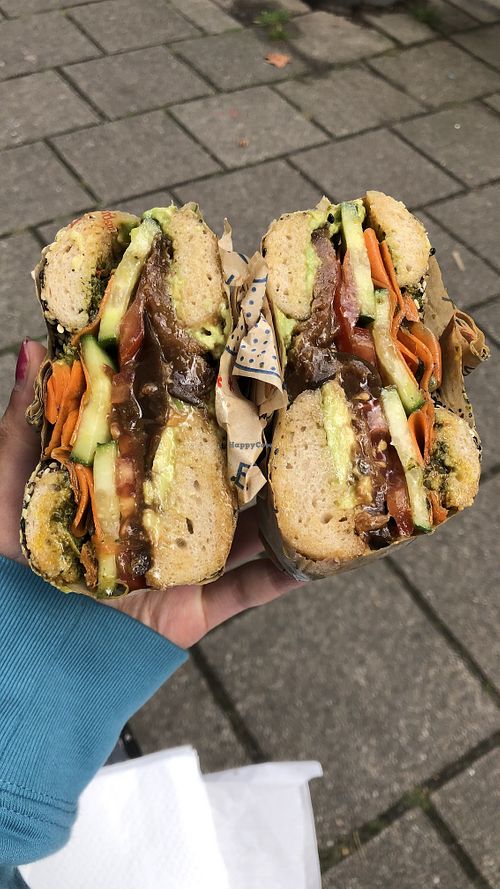 everything bagel with miso eggplant, carrot lox, avocado, cucumber, tomato, zough  at Flo's Appetizing in Amsterdam