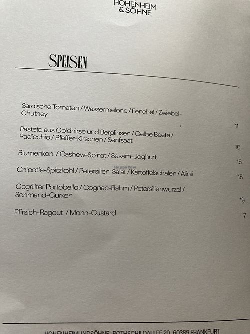 Menu  at Hohenheim & Söhne in Frankfurt