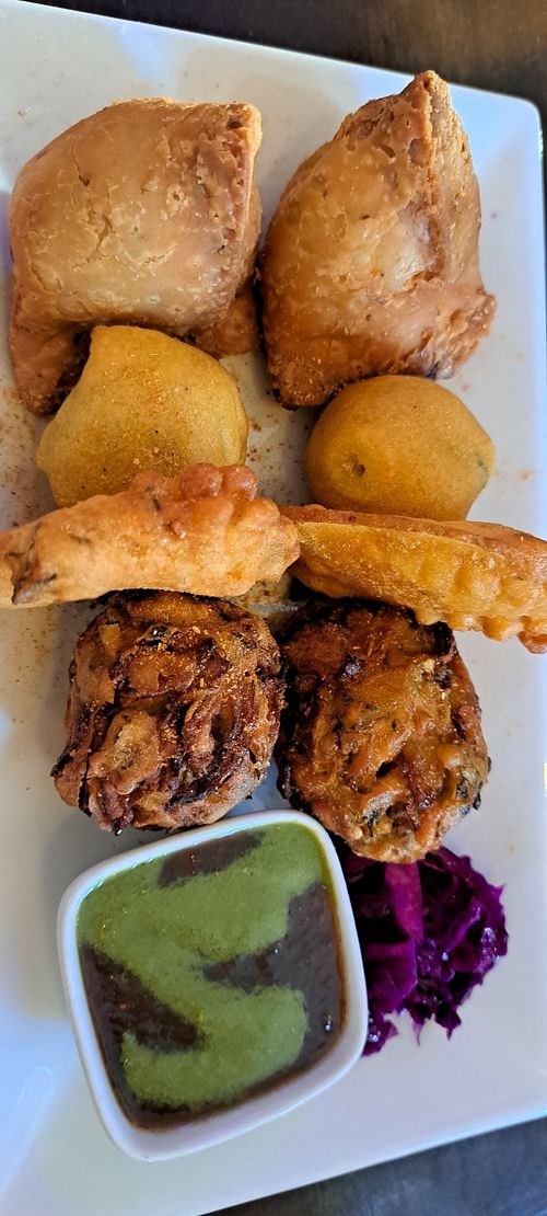 Sharing starter platter at Namaste India in Norwich