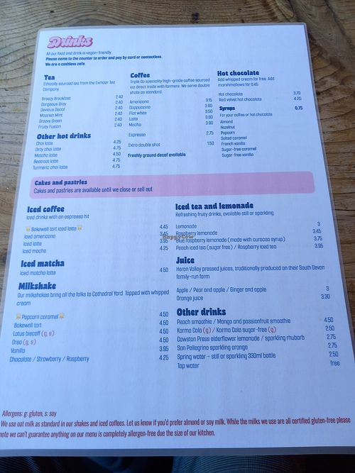 Drinks menu at The Cheeky Vegan in Exeter