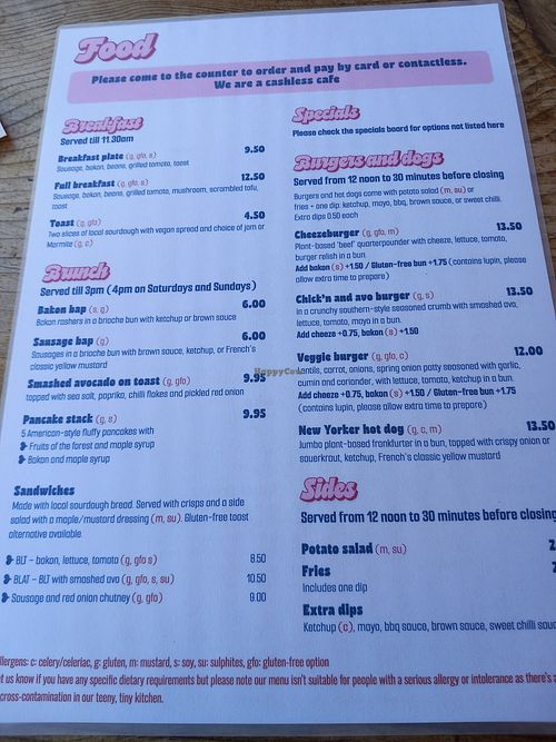 Food menu at The Cheeky Vegan in Exeter