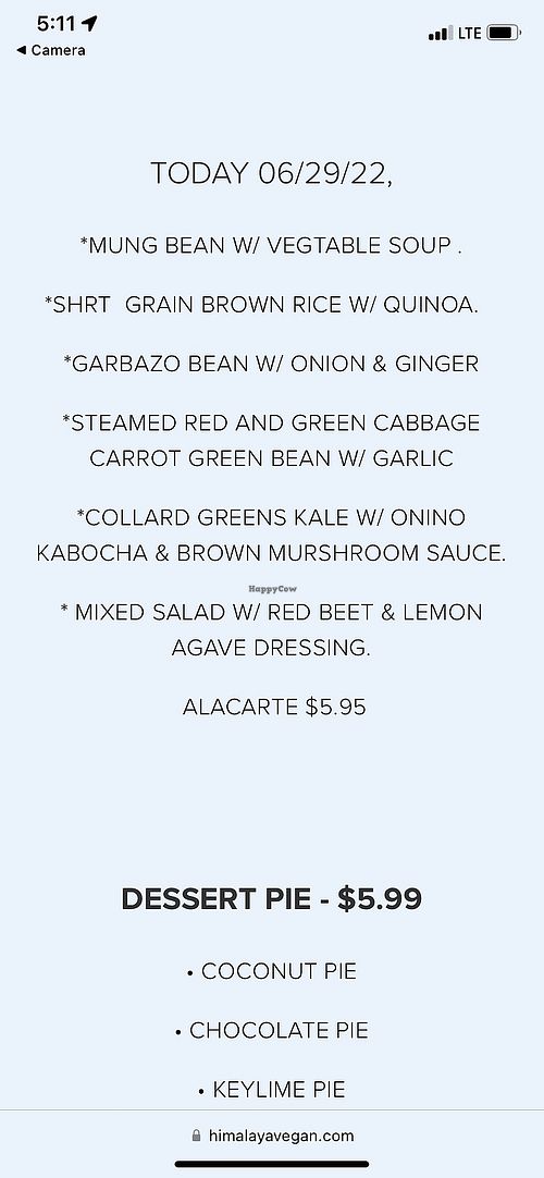 Menu   at Himalaya Vegan in Sacramento