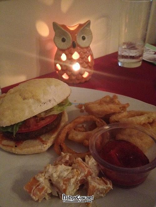 Black Bean Burger with onions rings and a sweet potato salad with a ginger cumin dressing at AVA Restaurant and Wine Bar in Staunton