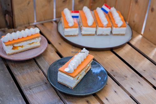 For King's Day we make the best vegan tompouce... Try it for yourself! Made from saved fruits and made together with new Dutch citizens.  at Trash'ure Taarten in Nijmegen