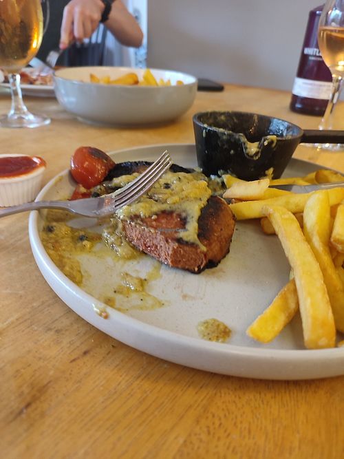 rare-medium cooked vegan steak at Hare on the Green in Huntingdon