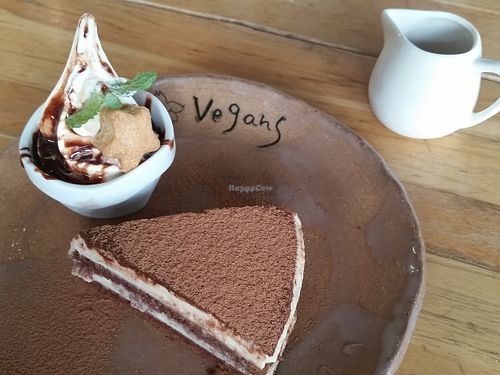 tiramisu and soft serve at Vegans Cafe and Restaurant in Kyoto