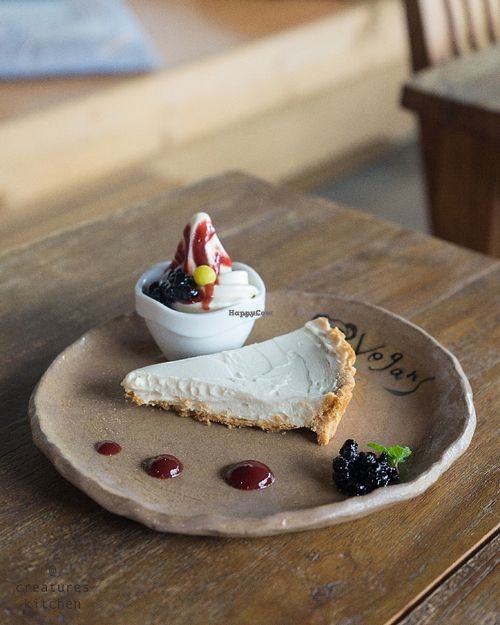 Lemon cheese cake and vanilla berry soft serve. at Vegans Cafe and Restaurant in Kyoto