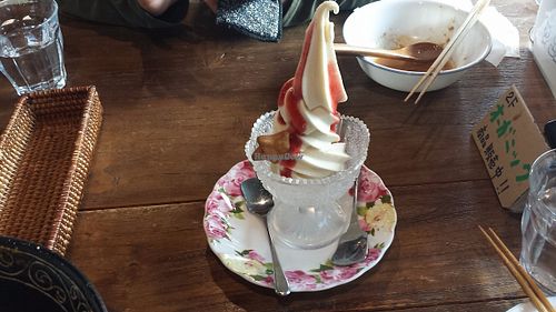 Soft Serve with Strawberry Sauce at Vegans Cafe and Restaurant in Kyoto