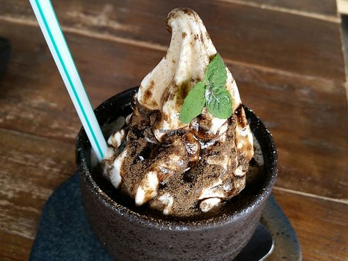 roasted green tea soft serve shake at Vegans Cafe and Restaurant in Kyoto