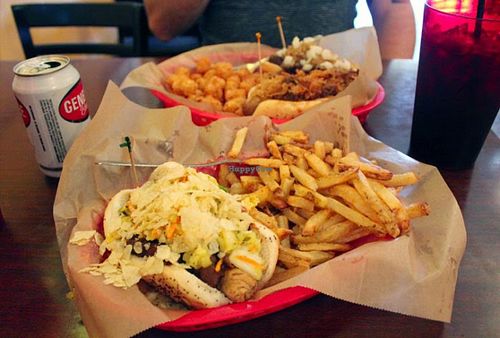 vegan bratwurst and tots at Dirty Franks Hot Dog Palace in Columbus