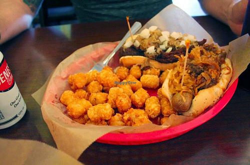 picnic table dog at Dirty Franks Hot Dog Palace in Columbus