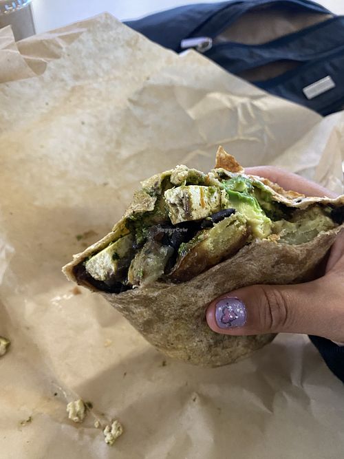 Breakfast Burrito - Sub No Eggs/No Cheese; Tofu Chunks (That Scared Me - hahaha) 😂 Recommend Adding Avocado, Very Satisfying - Post Photo Couldn’t Finish (Way Too Much)  at SFO - The Plant Cafe Organic- T2 in South San Francisco
