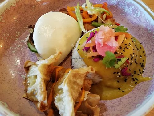 Oriental Bowl (spring rolls, gyoza, sticky rice, tofu) at Forked Up Vegan Kitchen - Blackstock Market in Liverpool