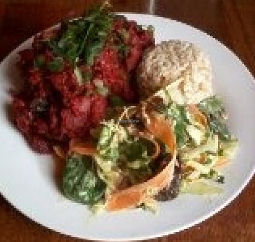 Beetroot Balti with Brown Rice and Salad at Tea Sutra Teahouse in Newcastle Upon Tyne