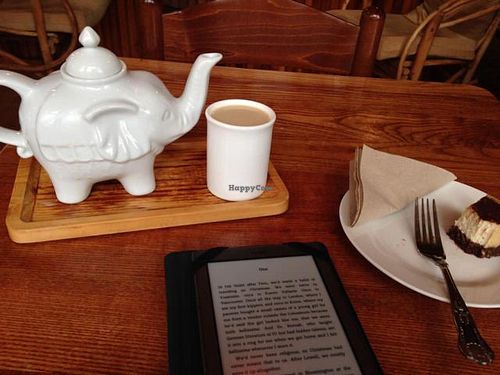 vegan chai and raw vegan white choc cheezecake at Tea Sutra Teahouse in Newcastle Upon Tyne