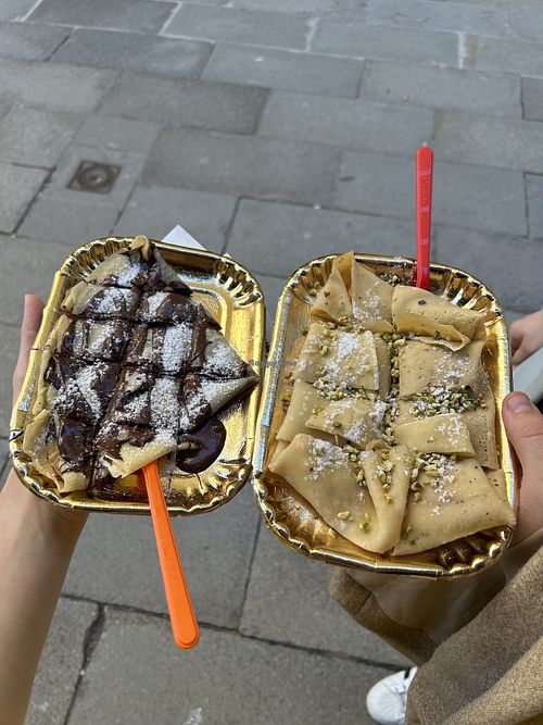 crepes filled with vegan chocolate spread and vegan pistachio gelato  at Gelateria Ducale in Venice