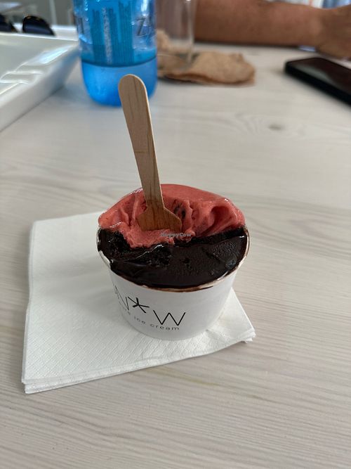 Strawberry and dark chocolate with pepper. Amazing flavours!!  at Snow Pure Ice Cream in Mykonos