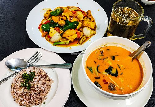 Red Curry, mixed veggies w/cashews and red rice. at Chada Vegetarian Restaurant in Chiang Mai