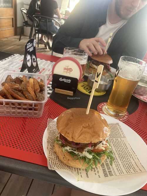 One vegetarian and one vegan burger + French fries - really good, and beer   at Pick'n'eat in Olomouc