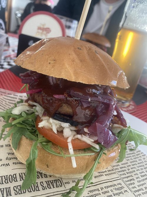 Vegan burger, onion chutney some cabbage tomatoes and rocket - vegetarian with sour cream   at Pick'n'eat in Olomouc
