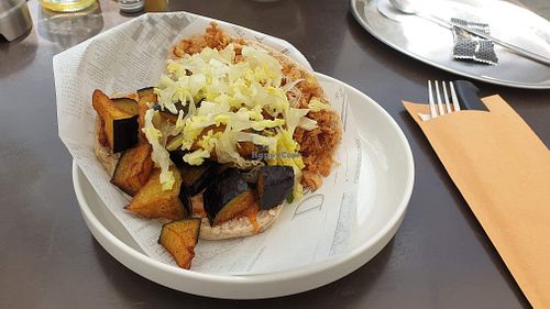 Vegan eggplant Po Boy with cajun sauce - lovely!!  at FOMU Café in Antwerpen