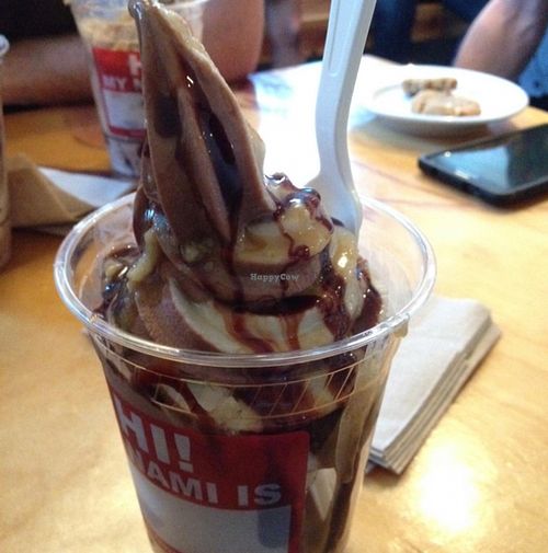 chocolate & vanilla swirl Tsoynami with vegan caramel at nami Vegan Sweets in Phoenix