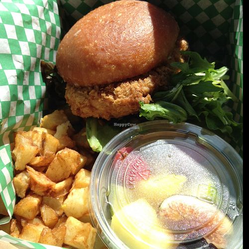 the Rodney Dangerfield brunch special: a Kentucky Fried vegan chicken-style filet between a glazed-donut bun (it's also supposed to come with bacon, cheese & tomatoes) at nami Vegan Sweets in Phoenix