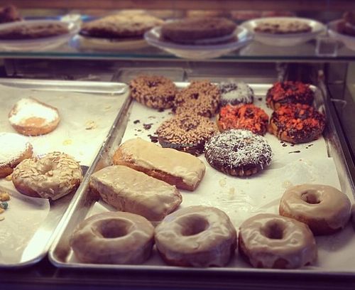 part of the dessert case, featuring donuts. yum!
 at nami Vegan Sweets in Phoenix