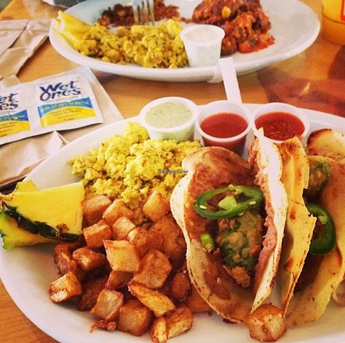This is the Texas Summer Tacos special: fried avocado, refried pinto beans, with organic scramble, and hash papas  at nami Vegan Sweets in Phoenix