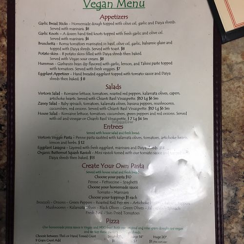 vegan menu part 1 at Vertoris Pizza House in Bradenton