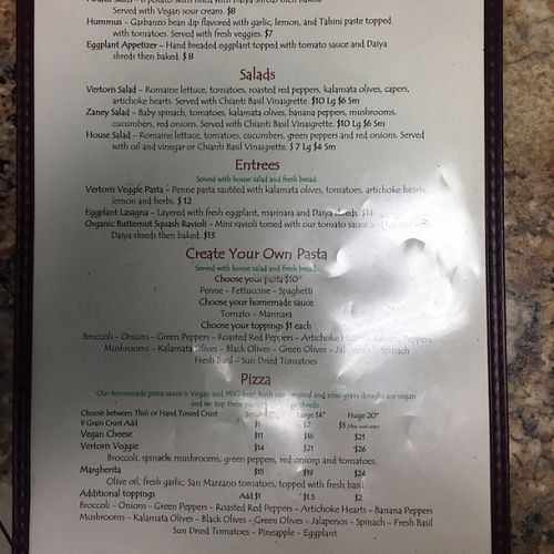 vegan menu part 2 at Vertoris Pizza House in Bradenton