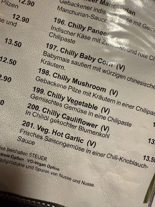 menu vegan  at Saravanaa Bhavan in Cologne