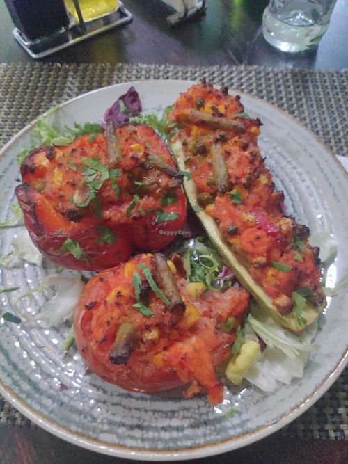 legume umplute (tomato, paprika and zuccini filled with rice and vegetables) at Restaurant Bon Appetit in Campina