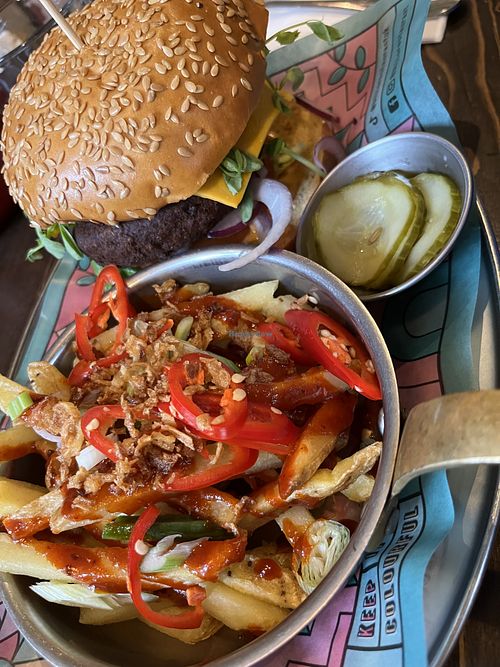 Plant burger with dirty fries (without cheese)   at Bill's in Gloucester