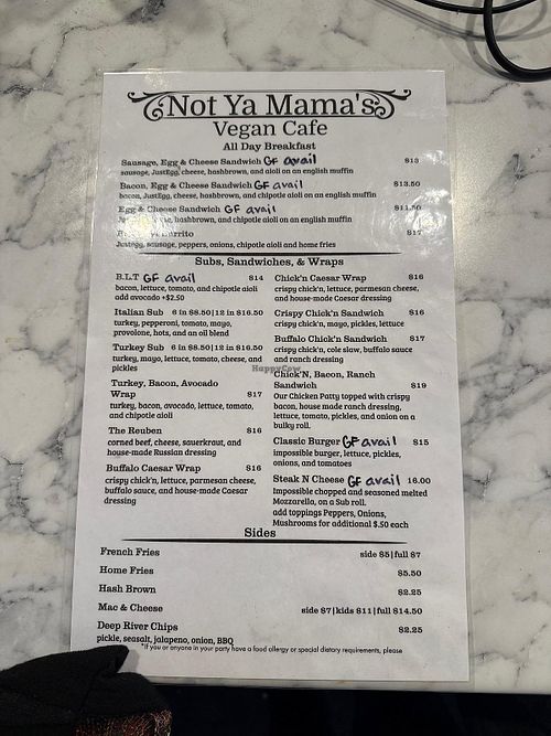Menu Oct 2025  at Not Ya Mama's Vegan Cafe in Salem