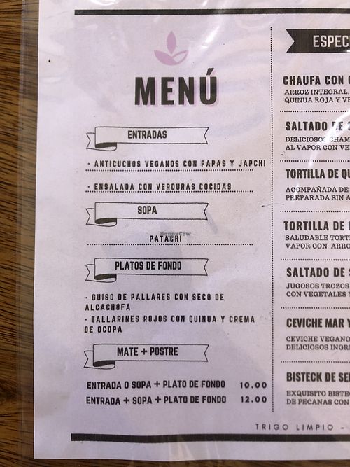 Menu of the day at Trigo Limpio in Huancayo