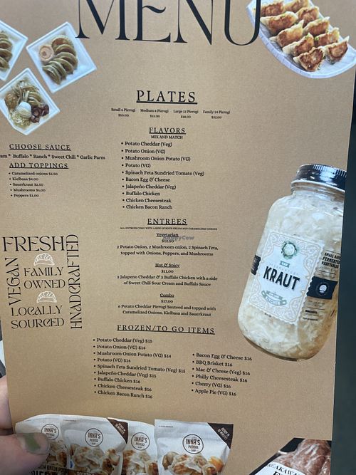 Menu  at Inna's Pierogi Shop in Lititz
