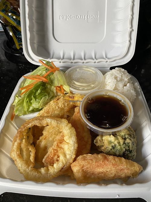 Vegetable Tempura, Salad, Rice (I didn’t eat sauces)  at Joy Sushi in San Leandro