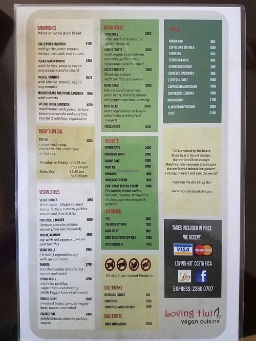 Menu at Loving Hut - Costa Rica in Heredia